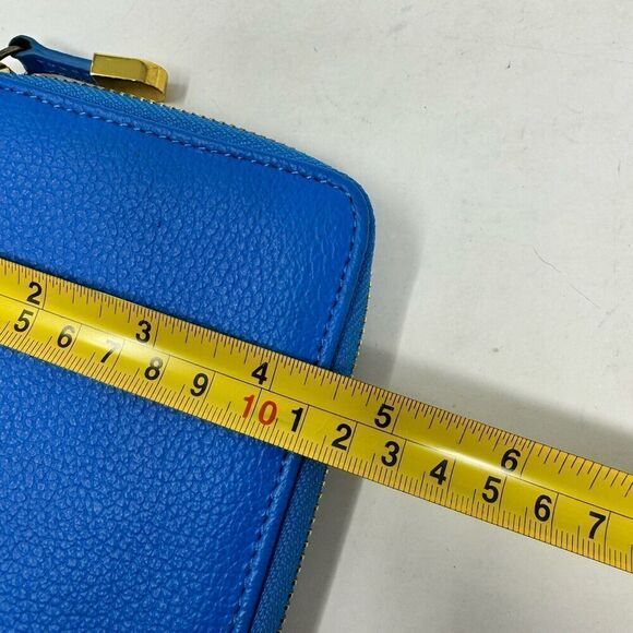 Joy & Iman‎ Tan Leather Zip Card Pockets Sky Blue Clutch Wristlet - Picture 6 of 7